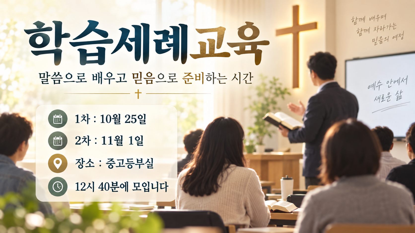 학습세례교육 안내: 10월 25일과 11월 1일, 중고등부실, 12시 40분 모임